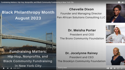 Screenshot of a YouTube video titled 'Fundraising Matters: Hip Hop, Nonprofits, and Black Community Fundraising in New York City,' featuring details about Black Philanthropy Month 2023 and highlighting three speakers.