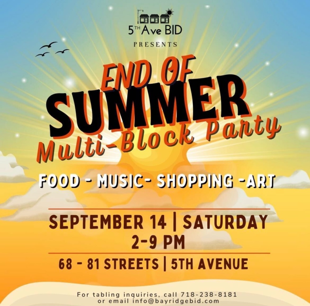 Promotional poster for the 5th Ave BID End of Summer Multi-Block Party on September 14, 2-9 PM, at 68-81 Streets on 5th Avenue. Activities include food, music, shopping, and art. For inquiries, call provided number.