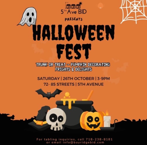 Flyer for 5th Ave BID's Halloween Fest on Saturday, October 26th, 3-9 PM, at 72-85 Streets, 5th Avenue. Features pumpkin decorating and other activities. Contact information provided. Cartoon ghosts and pumpkins.