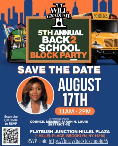 Save the Date poster for the 5th Annual Back 2 School Block Party on August 17th from 11 AM to 2 PM, at Flatbush Junction-Hillel Plaza, Brooklyn, NY. Features an image of a woman and a QR code for RSVP.