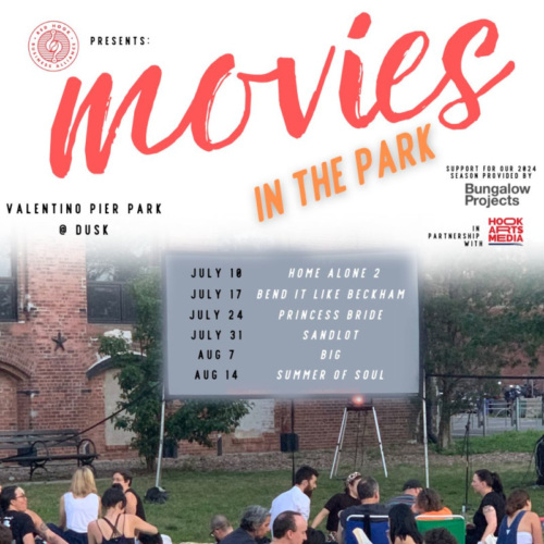 Flyer for "Movies in the Park" at Valentino Pier Park, featuring film screenings on selected dates in July and August, in partnership with Bungalow Projects and Hook Media.