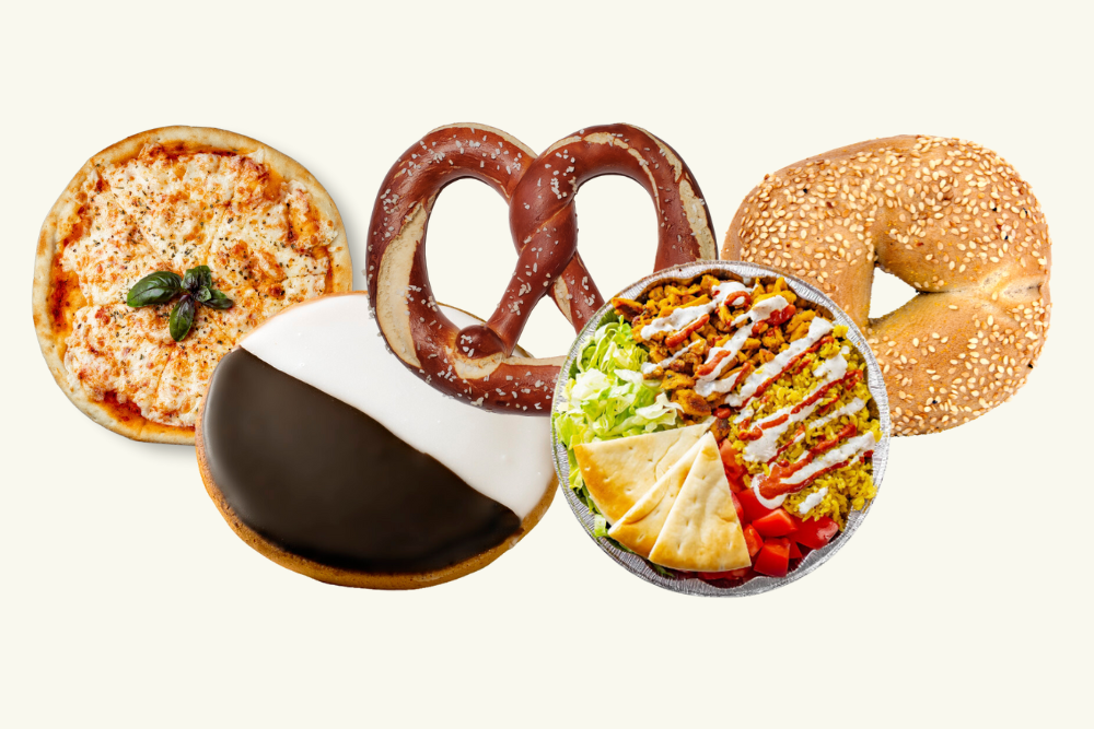 A collage shows a cheese pizza, a soft pretzel, a sesame bagel, a black and white cookie, and a bowl of salad with chicken, pita, and dressing.