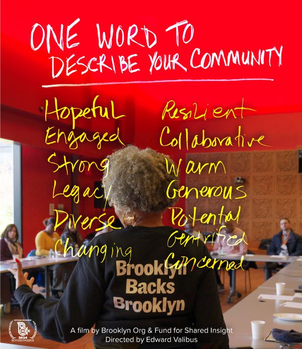 Person standing in front of a group, leading a discussion. Phrases like "Hopeful," "Resilient," and "Diverse" are written on glass in yellow marker. Text reads "ONE WORD TO DESCRIBE YOUR COMMUNITY.