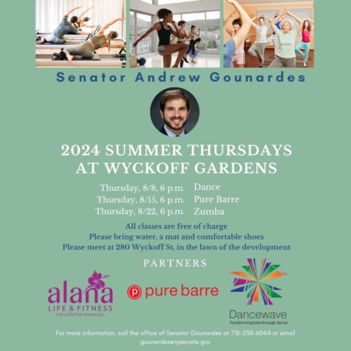 Flyer for 2024 Summer Thursdays at Wyckoff Gardens. Various fitness classes (Dance, Pure Barre, Water Aerobics, Zumba) will be held on different dates in August. All classes are free of charge.