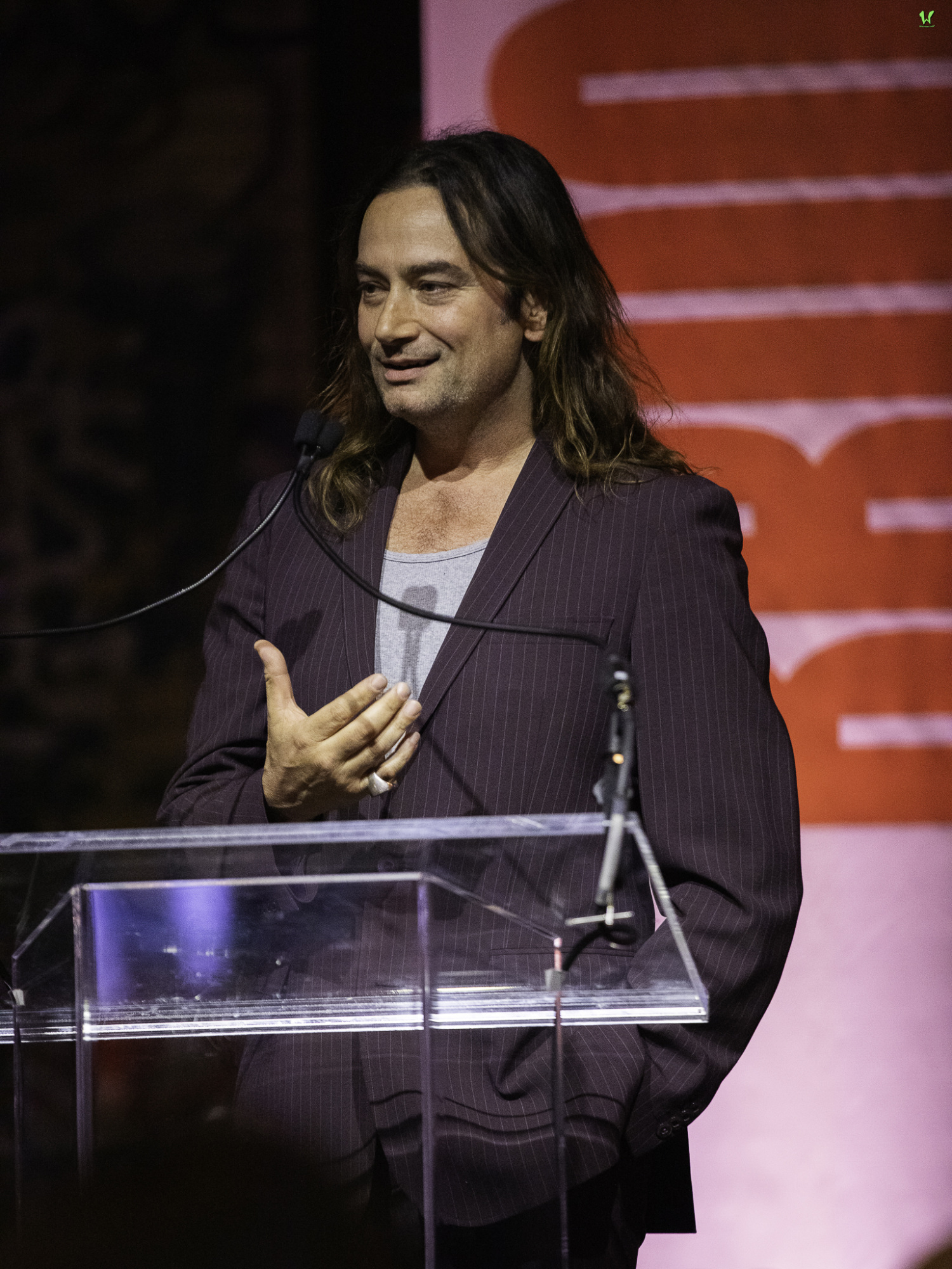 Person with long hair speaking at a podium in front of a microphone, wearing a dark pinstriped blazer.