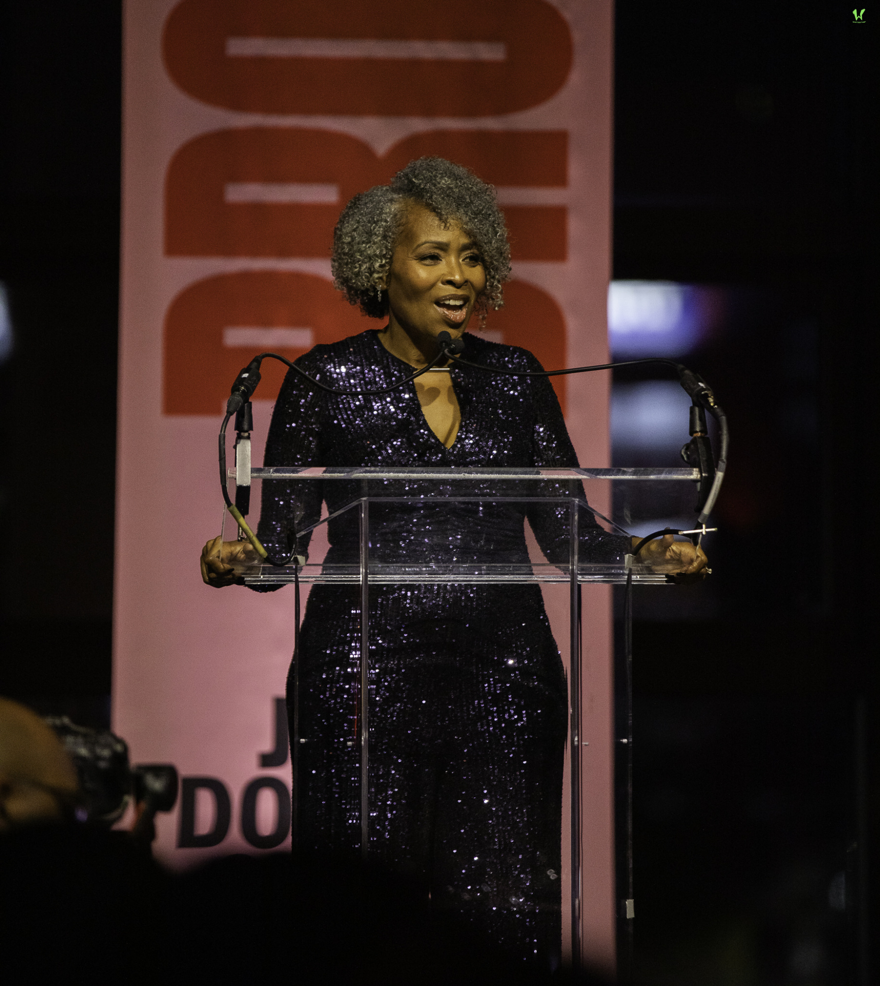 A woman in a sequined dress speaks at a podium with microphones, in front of a banner.