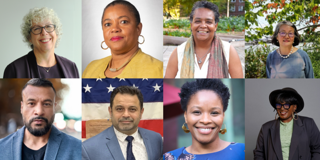 A grid of eight adults posing for individual portraits, each with varied expressions and backgrounds.