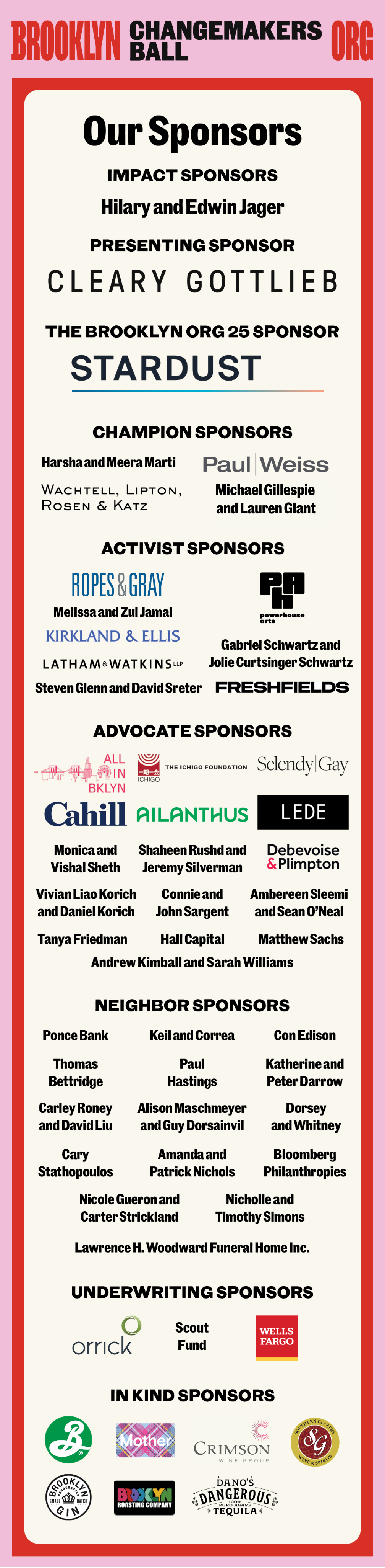 Sponsor list for the Brooklyn Changemakers Ball, with various levels like Impact, Champion, and Advocate Sponsors, including names like Cleary Gottlieb, Stardust, and others.