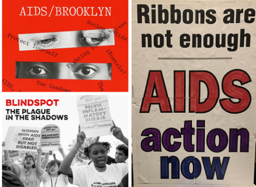 Collage of AIDS awareness posters with phrases like "Ribbons are not enough," "AIDS action now," and "Protect yourself." Images include people holding protest signs.