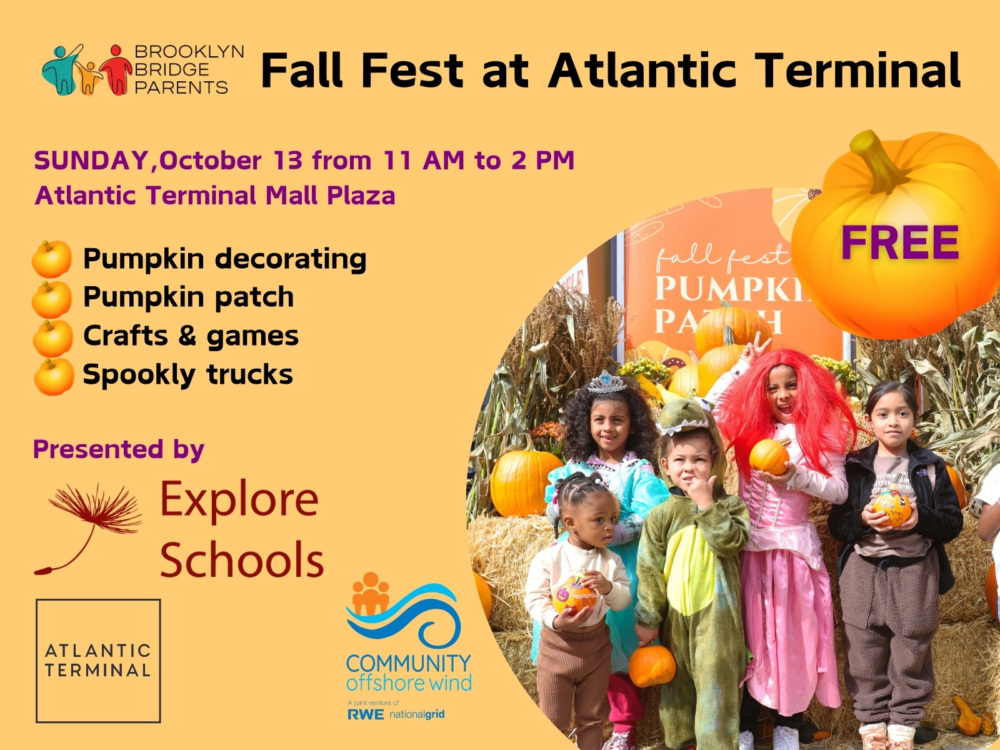 Five children in costumes stand in front of a fall-themed background with pumpkins. Signs advertise fall fest activities and sponsors at the Atlantic Terminal Mall Plaza on October 13.