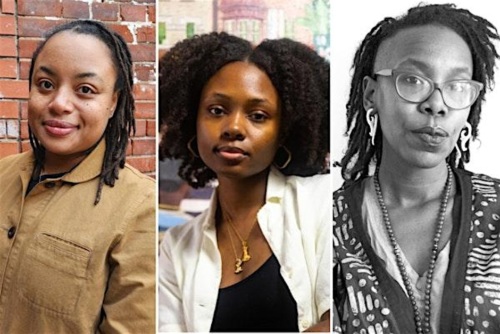 A collage of three portraits featuring two women with braided or curly hair on the left and center, and a black-and-white photo of a woman with glasses and braided hair on the right.