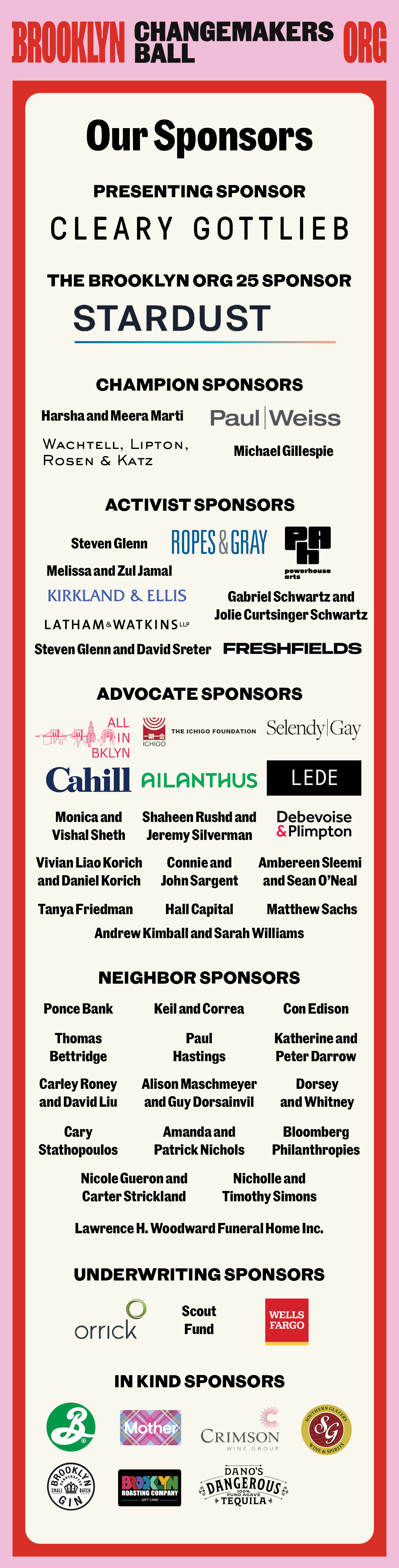 List of sponsors for the Brooklyn Changemakers Ball, organized by category: Presenting, Champion, Activist, Advocate, and In-Kind Sponsors.