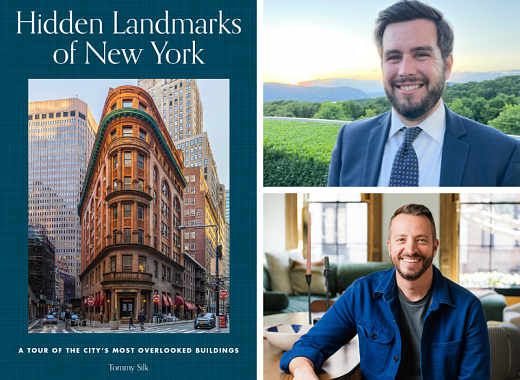 Book cover titled "Hidden Landmarks of New York" with an image of a historic building. To the right, there are two portraits of smiling individuals, one outdoors and one indoors.