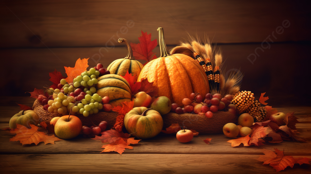 A still life arrangement of pumpkins, apples, grapes, corn, and fall leaves on a wooden surface, with warm, earthy tones in the background.