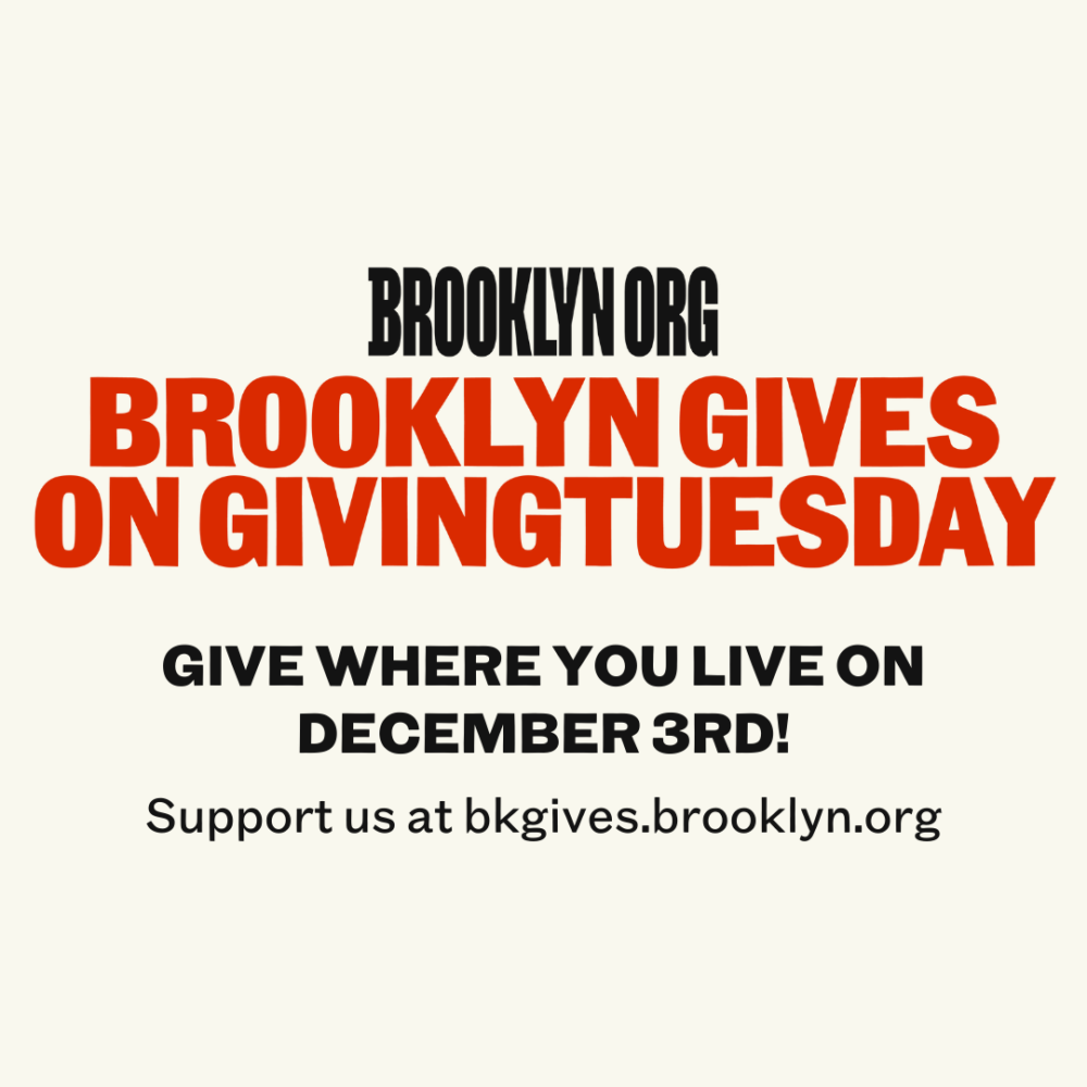 Text reads: "Brooklyn.org Brooklyn Gives on Giving Tuesday. Give where you live on December 3rd! Support us at bkgives.brooklyn.org" on a light background.