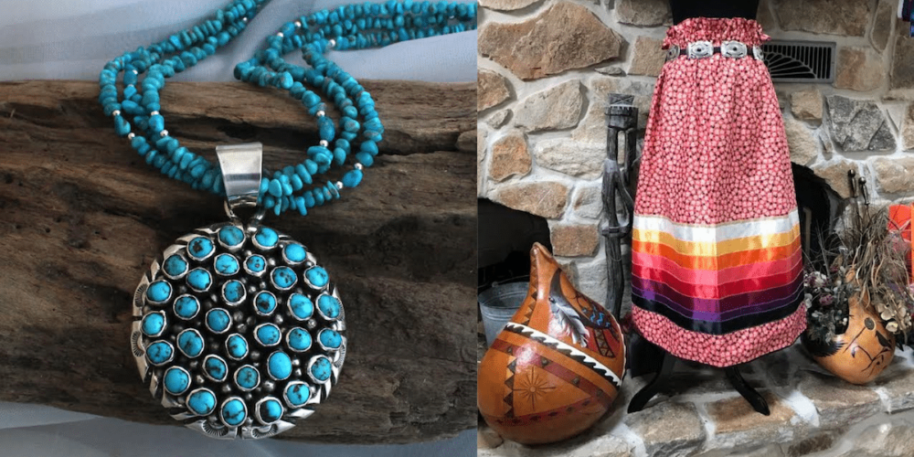 Turquoise beaded necklace with a large stone pendant on the left; a colorful skirt and decorated pottery on a fireplace on the right.