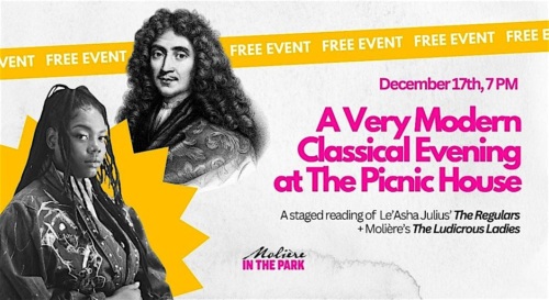 Event poster: "A Very Modern Classical Evening at The Picnic House" with staged readings from Lea'Asha Julius and Moliere. Features two illustrated portraits. December 17th, 7 PM, free event.