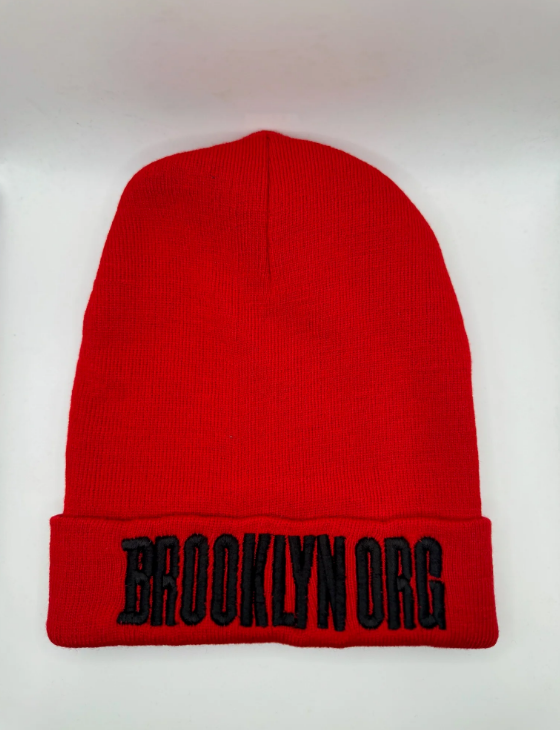 Red beanie with "BROOKLYN ORG" embroidered in black on the front.