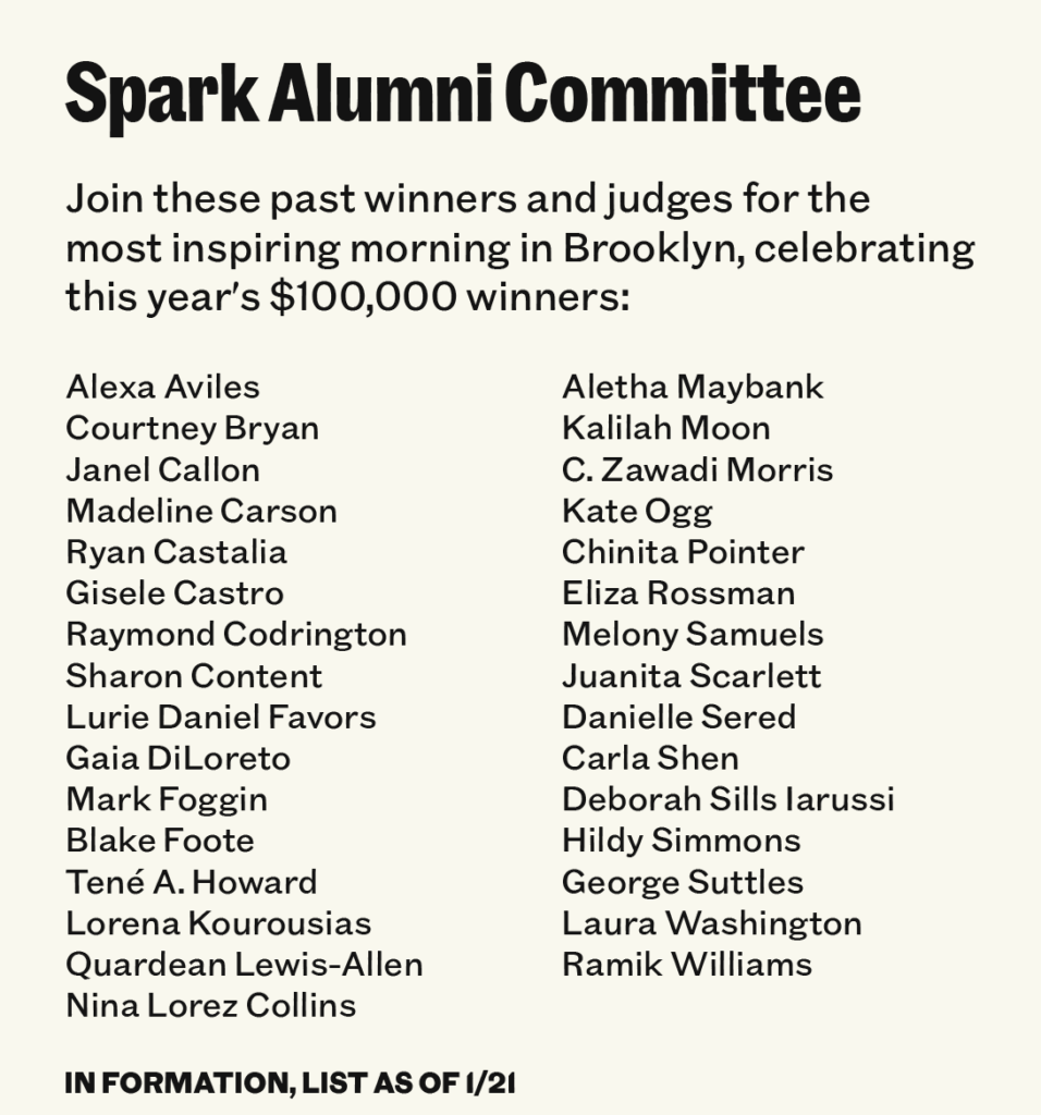 List of 2025 winners and Spark Alumni Committee members, featuring various names and organizations. Includes contact information for Cherish Carrillo.