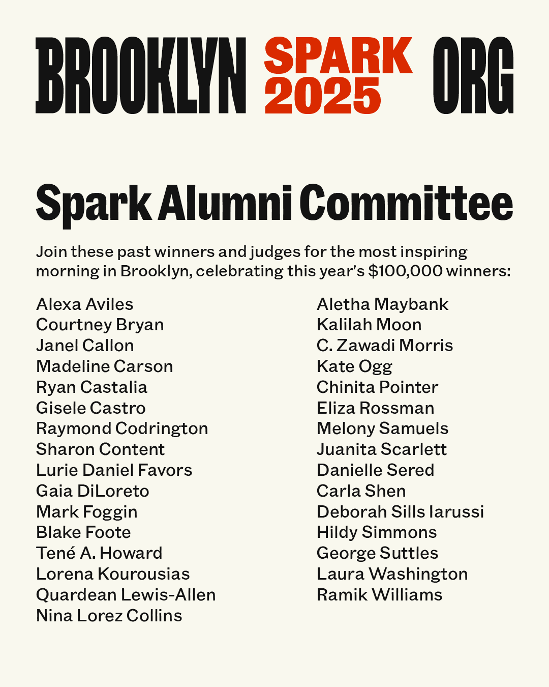 Text listing the Spark Alumni Committee members and 2023 winners for a Brooklyn event.