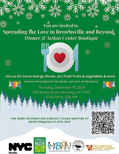 Flyer for a community dinner and boutique event on December 19, 2024, in Brooklyn. Includes time, location, and contact info. Features a plate with utensils and holiday-themed graphics.