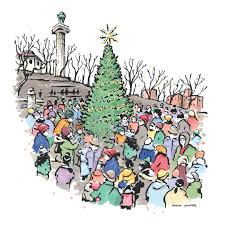 A crowd gathers around a decorated Christmas tree in a park setting, with a monument in the background.