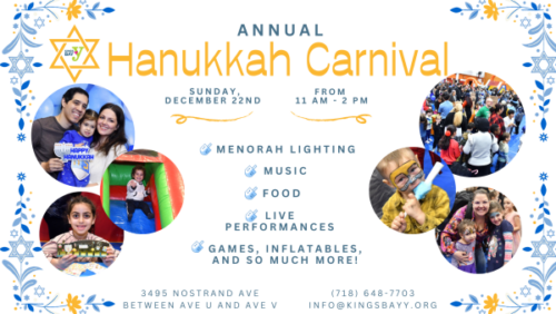 Flyer for the Annual Hanukkah Carnival on December 22, 11 AM–2 PM. Includes menorah lighting, music, food, live performances, games, inflatables. Contact info and address listed.