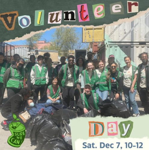 A group of volunteers wearing green vests, standing outdoors with bags of collected trash. Text reads "Volunteer Day" and "Sat. Dec 7, 10-12" with recycling symbols.