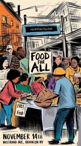 Illustrated poster of a community event with diverse people serving and receiving food, a "Food for All" sign, and details for November 14th, Nostrand Ave, Brooklyn, NY.