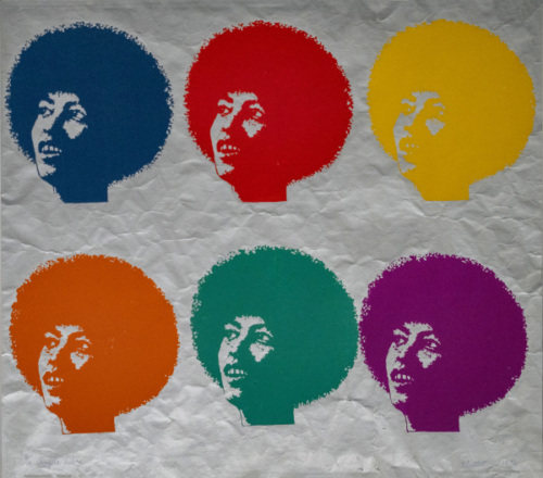 Pop art image of a person with an afro in six colorful variations: blue, red, yellow, teal, green, and orange on a textured background.