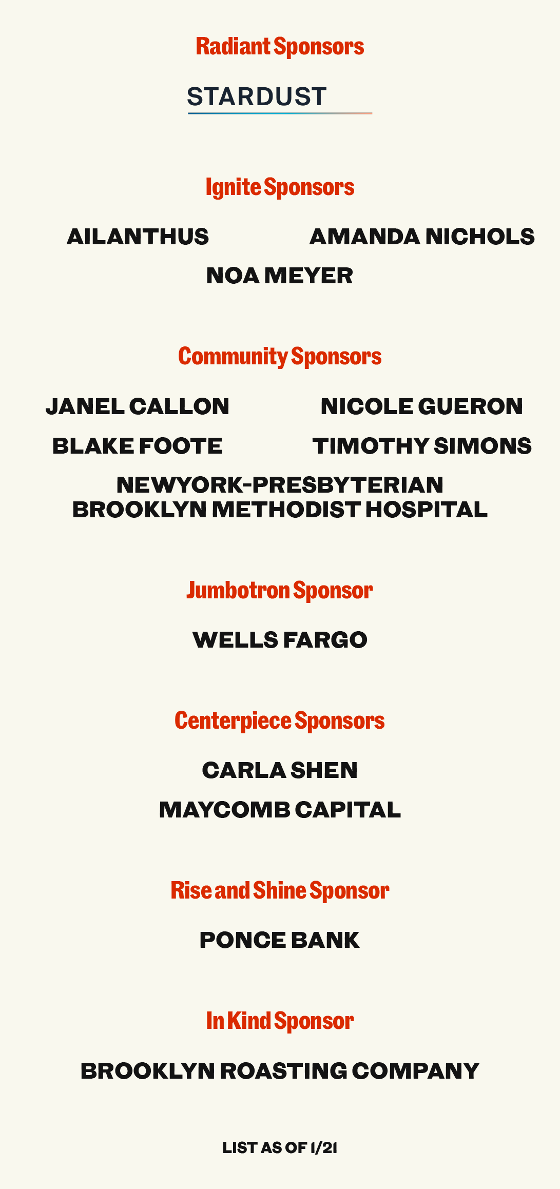 Text list of event sponsors categorized by level: Radiant, Ignite, Community, Jumbotron, Centerpiece, Rise and Shine, and In Kind, with names such as Stardust, Wells Fargo, and more.