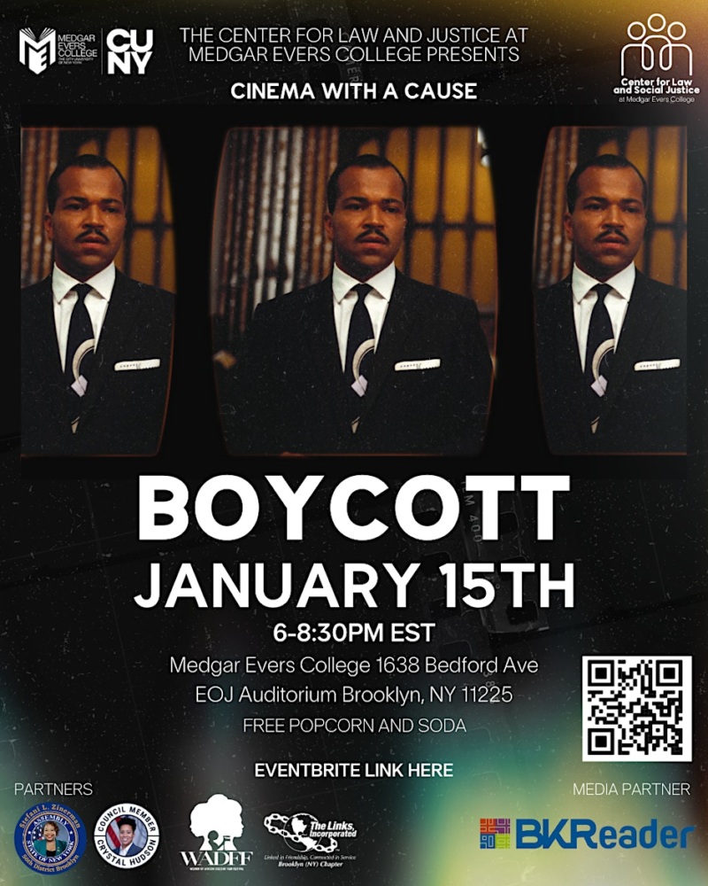 Promotional poster for "Boycott" screening on January 15th at 6 PM, Medgar Evers College, Brooklyn. Includes an image of a person in a suit, event details, and sponsor logos.