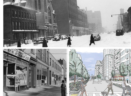 Top half: People walking on a snowy city street with vintage cars.  
Bottom half: Split image showing a historic street view and a modern urban scene with greenery and pedestrians.