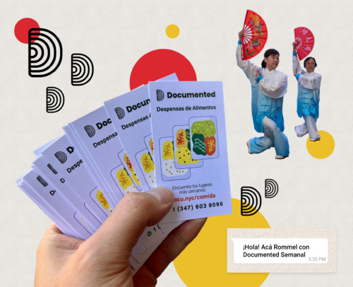 A hand holds cards labeled "Documented Despensas de Alimentos." In the background, two people perform with fans, dressed in blue and white, against a backdrop of colorful geometric shapes.