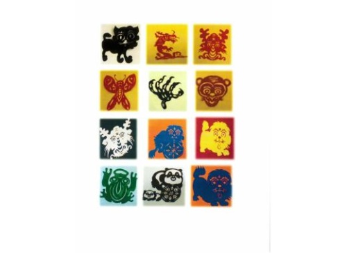 A grid of 12 square tiles featuring various stylized animal designs in different colors, including a dragon, butterfly, and monkey.