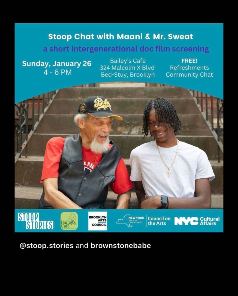 Two people sitting on stairs, smiling and chatting. Text details an event, "Stoop Chat," at Bailey's Cafe in Brooklyn, on January 26, 4-6 PM. Event includes film screening and community chat.