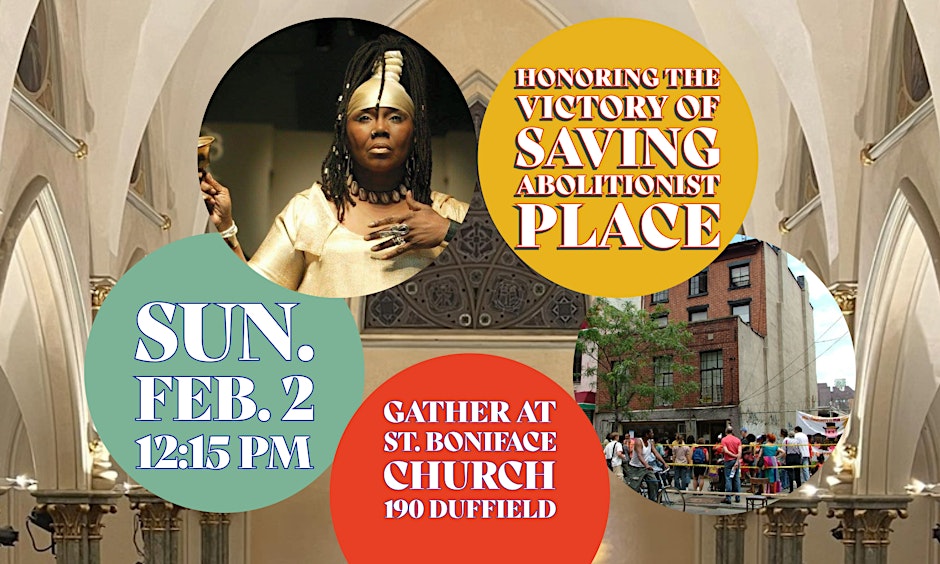 Event flyer with a central image of a person in ceremonial attire, text reading "Honoring the Victory of Saving Abolitionist Place." "Sun. Feb. 2, 12:15 PM, Gather at St. Boniface Church, 190 Duffield.