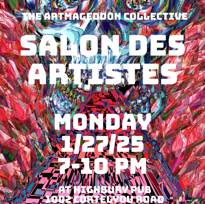 Colorful abstract poster for "Salon des Artistes" by The ArtMageddon Collective, happening Monday, 1/27/25, from 7–10 PM at Highbury Pub, 1002 Cortelyou Road.