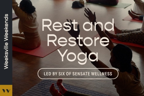 People practicing yoga indoors on mats with text overlay: "Rest and Restore Yoga, led by Six of Sensate Wellness.