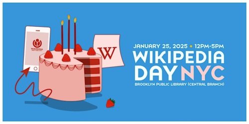 Illustration for Wikipedia Day NYC event on January 25, 2025, featuring a cake with strawberries, a phone, paper, and event details against a blue background.