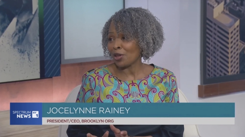 Woman with gray curly hair in a colorful top speaks during a TV interview on Spectrum News NY1, with her name and title displayed on the screen.