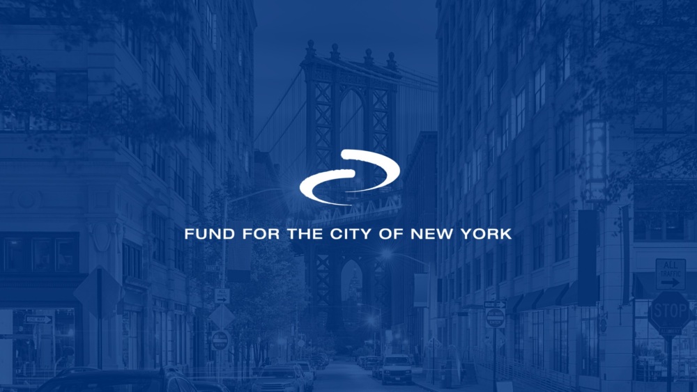 Blue-toned city street scene with a view of a bridge. Text in the center reads, "Fund for the City of New York" with a stylized logo above it.