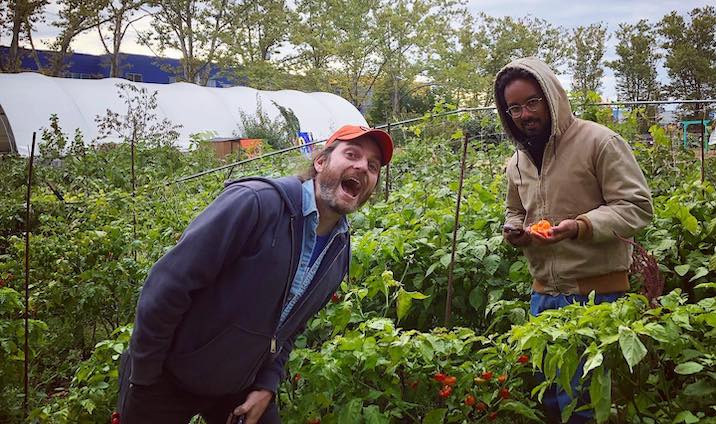 Two people in a garden, one wearing a cap and smiling widely, the other in a hooded jacket picking peppers. Trees and greenhouses in the background.