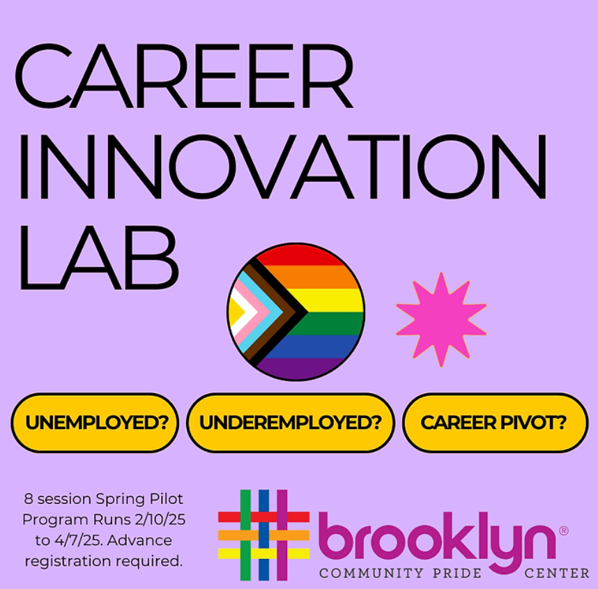 Career Innovation Lab flyer with text: "Unemployed? Underemployed? Career Pivot?" Program runs 2/10/25 to 4/7/25. Advance registration required. Brooklyn Community Pride Center logo at the bottom.