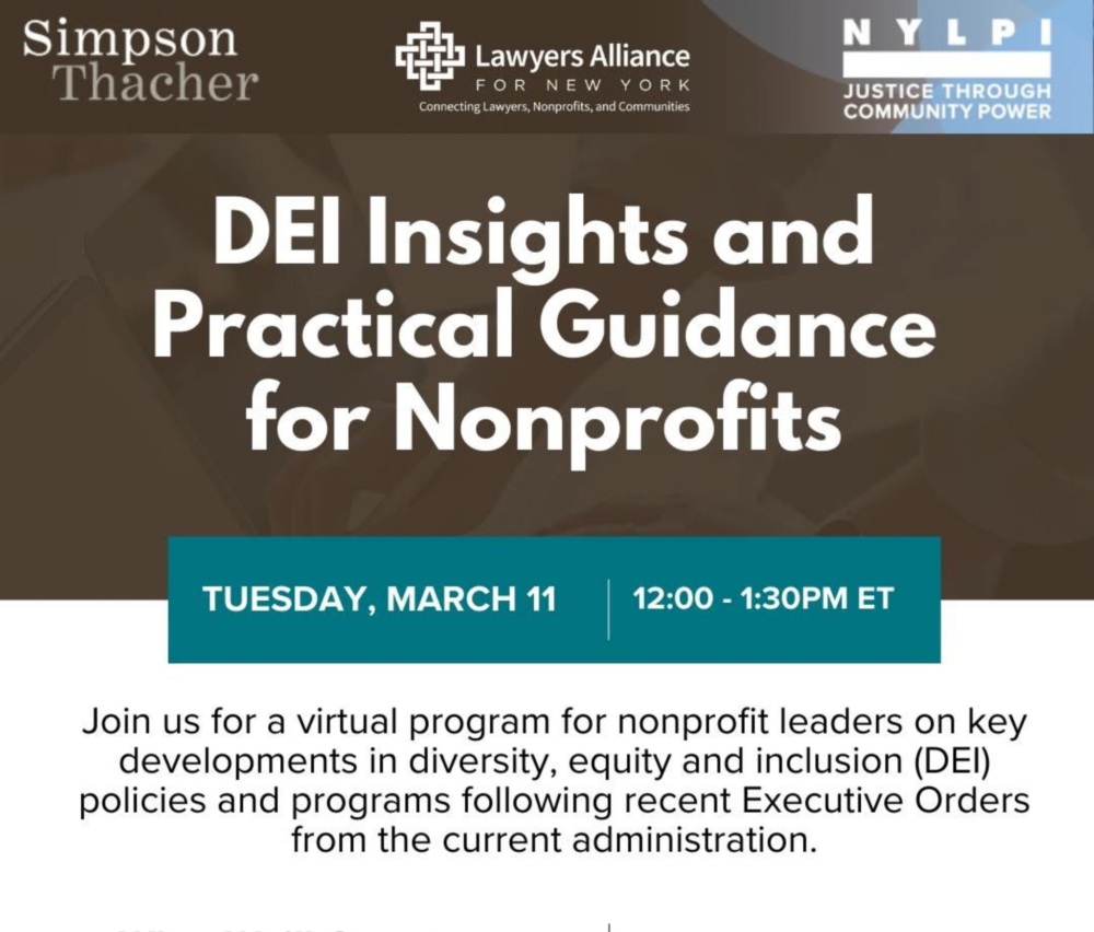 Flyer for a virtual program titled "DEI Insights and Practical Guidance for Nonprofits," scheduled for Tuesday, March 11, from 12:00-1:30 PM ET. Includes registration link and sponsor logos.