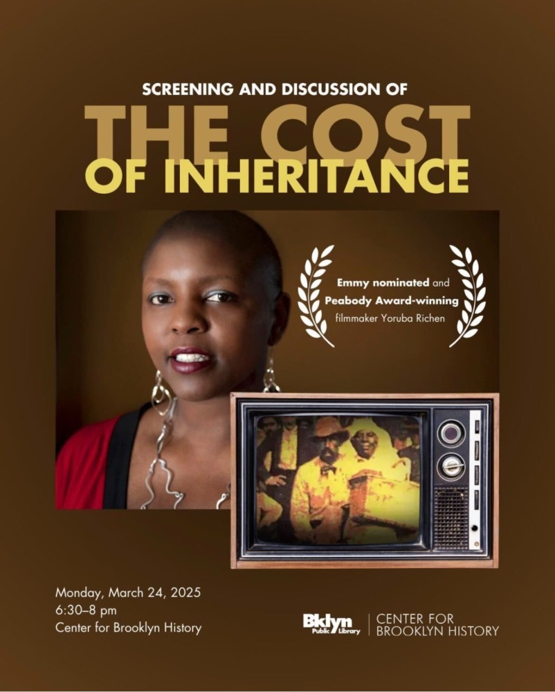 Poster for "The Cost of Inheritance" screening featuring a person with a TV displaying an image. Event on March 24, 2025, at Center for Brooklyn History.