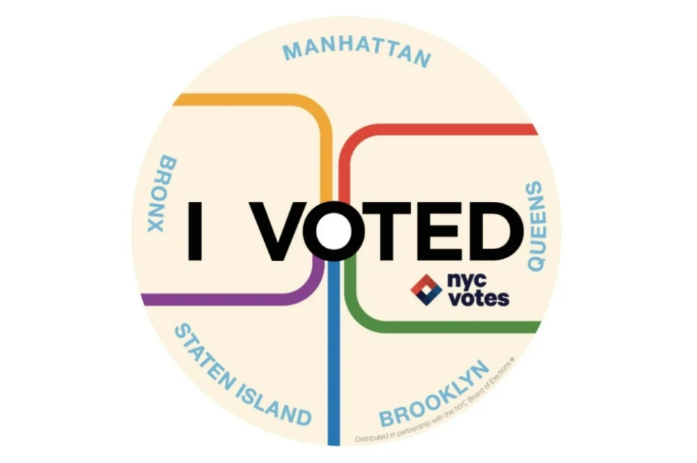 Round "I Voted" sticker with NYC boroughs: Manhattan, Bronx, Staten Island, Brooklyn, and Queens marked. Includes "nyc votes" logo.