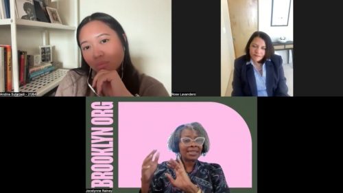 Three people in a virtual meeting. The top left participant is on video, the top right is seated and listening, and the bottom participant is speaking with hand gestures, alongside a "BROOKLYN ORG" banner.