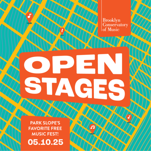Map-themed poster for "Open Stages" music festival by Brooklyn Conservatory of Music, scheduled for May 10, 2025, in Park Slope.