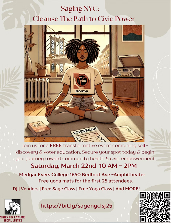 Illustration of a person meditating with text promoting a free event focused on self-discovery and voter education. Event details: March 22nd, 10 AM - 2 PM, Medgar Evers College, Brooklyn.